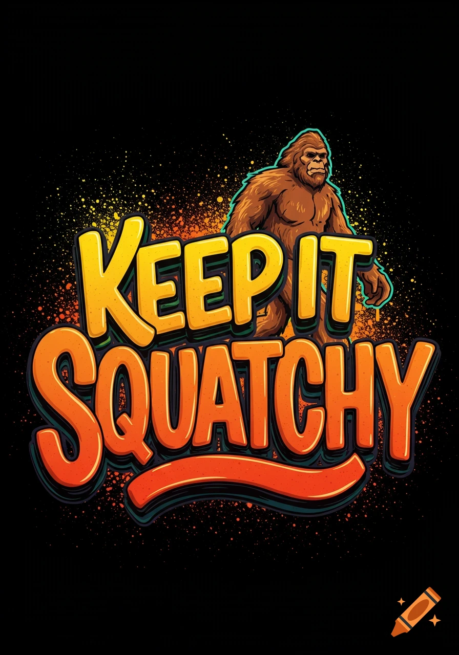 Illustration of Bigfoot behind large, stylized text reading 'KEEP IT SQUATCHY' with splatter effect.