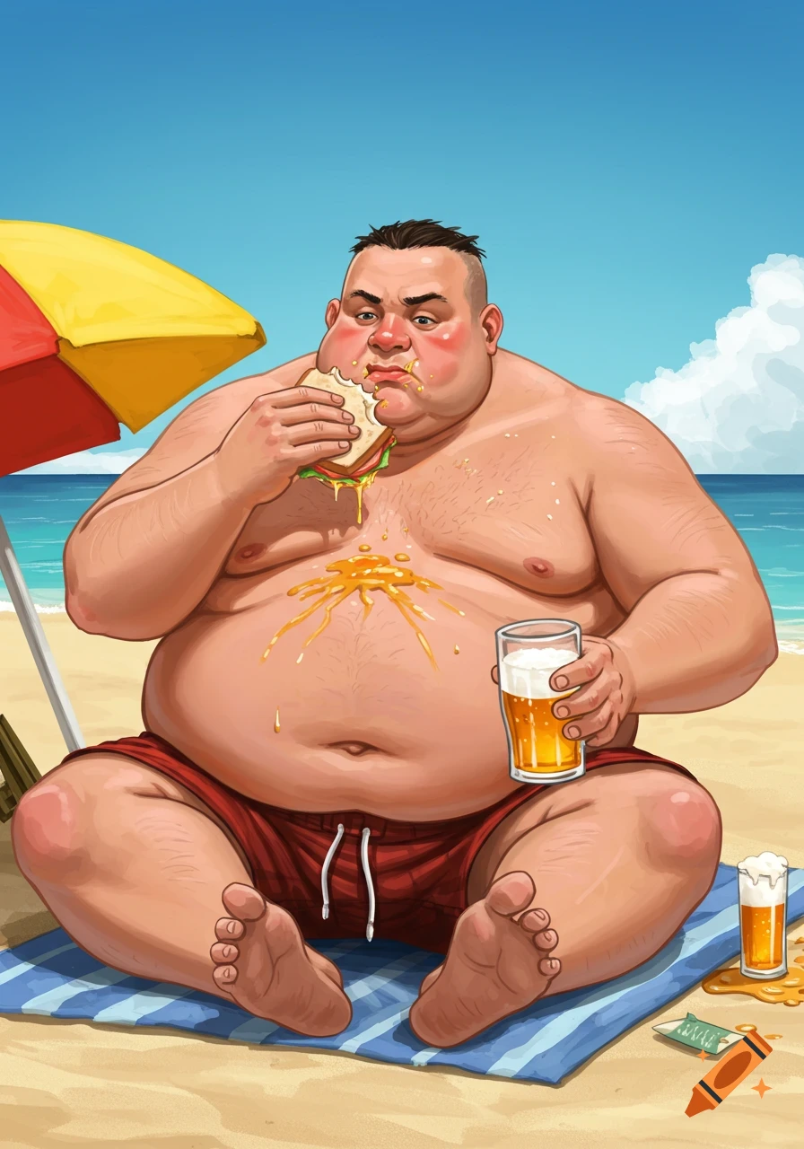 A large, sunburnt man sits on a beach towel, eating a sandwich and spilling it on his chest while holding a glass of beer.
