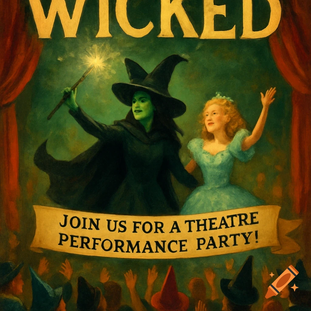 Painting of Elphaba and Glinda from Wicked on stage with a banner and audience.