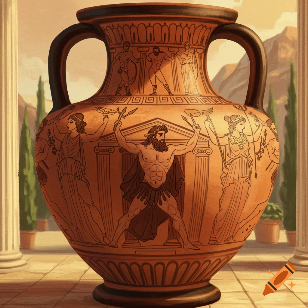Ancient Greek vase with black figures depicting mythological scenes and architecture.