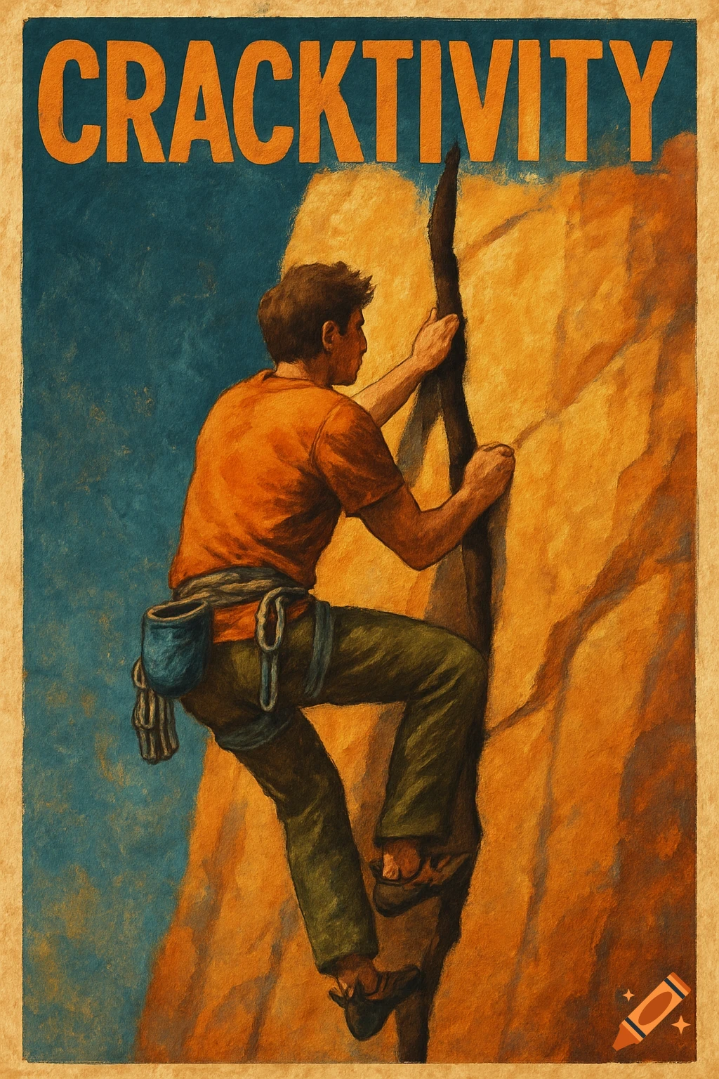A stylized poster of a person crack climbing a rock face, with the word CRACKTIVITY at the top.