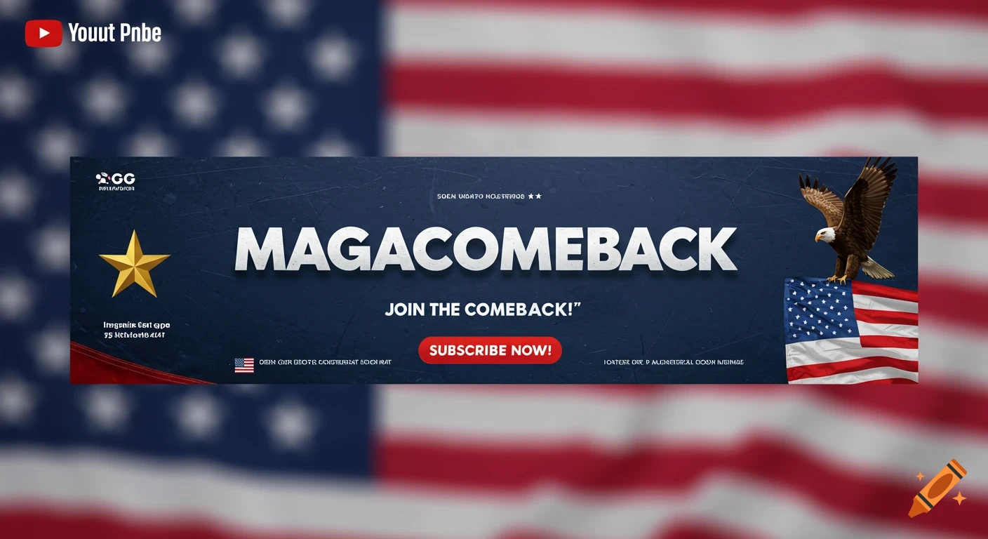 YouTube banner with "MagaComeBack", a star, an eagle, "Join the Comeback!", and "Subscribe Now!" over American flag background.