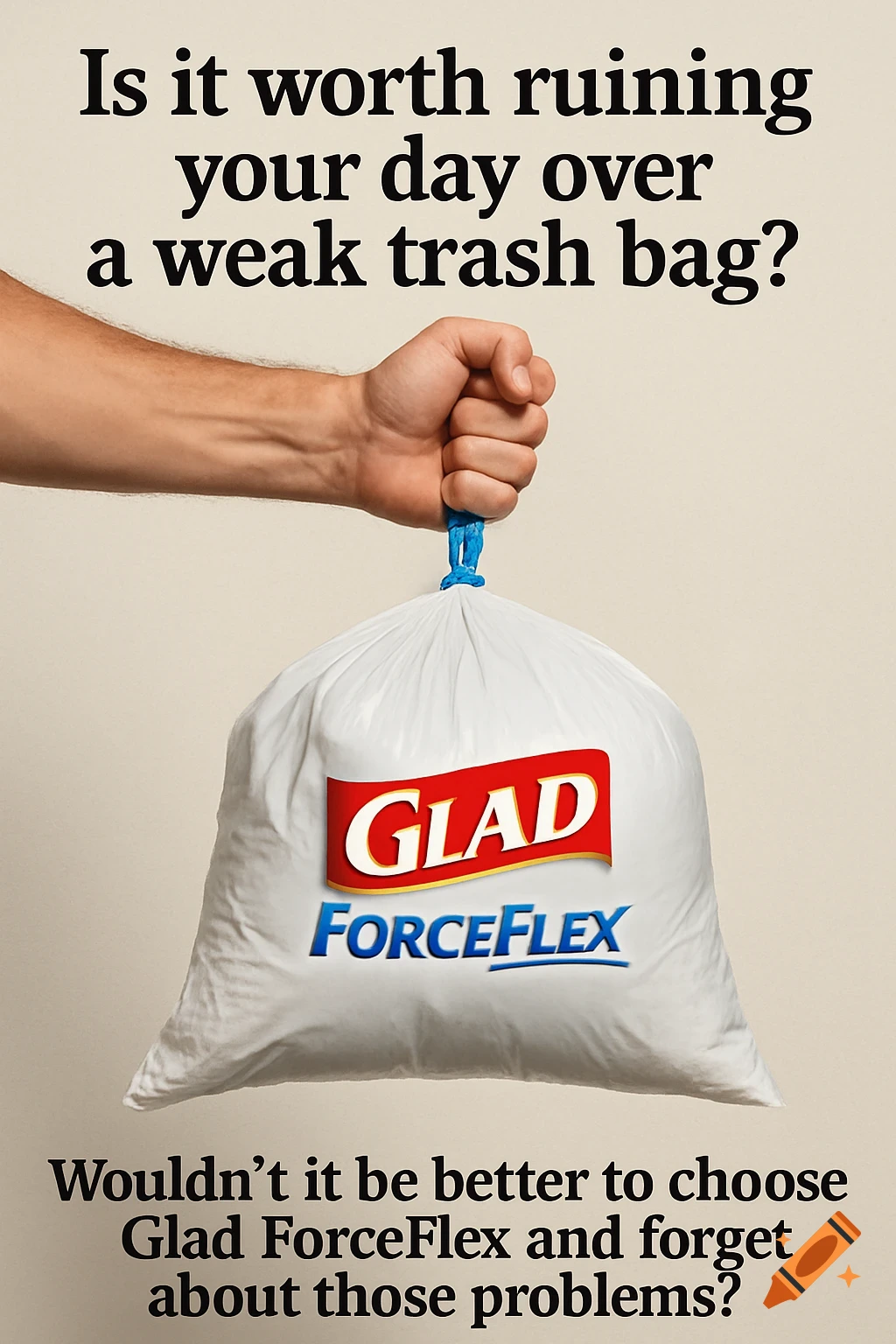 Hand holds white trash bag with 'GLAD ForceFlex' logo. Text above and below.