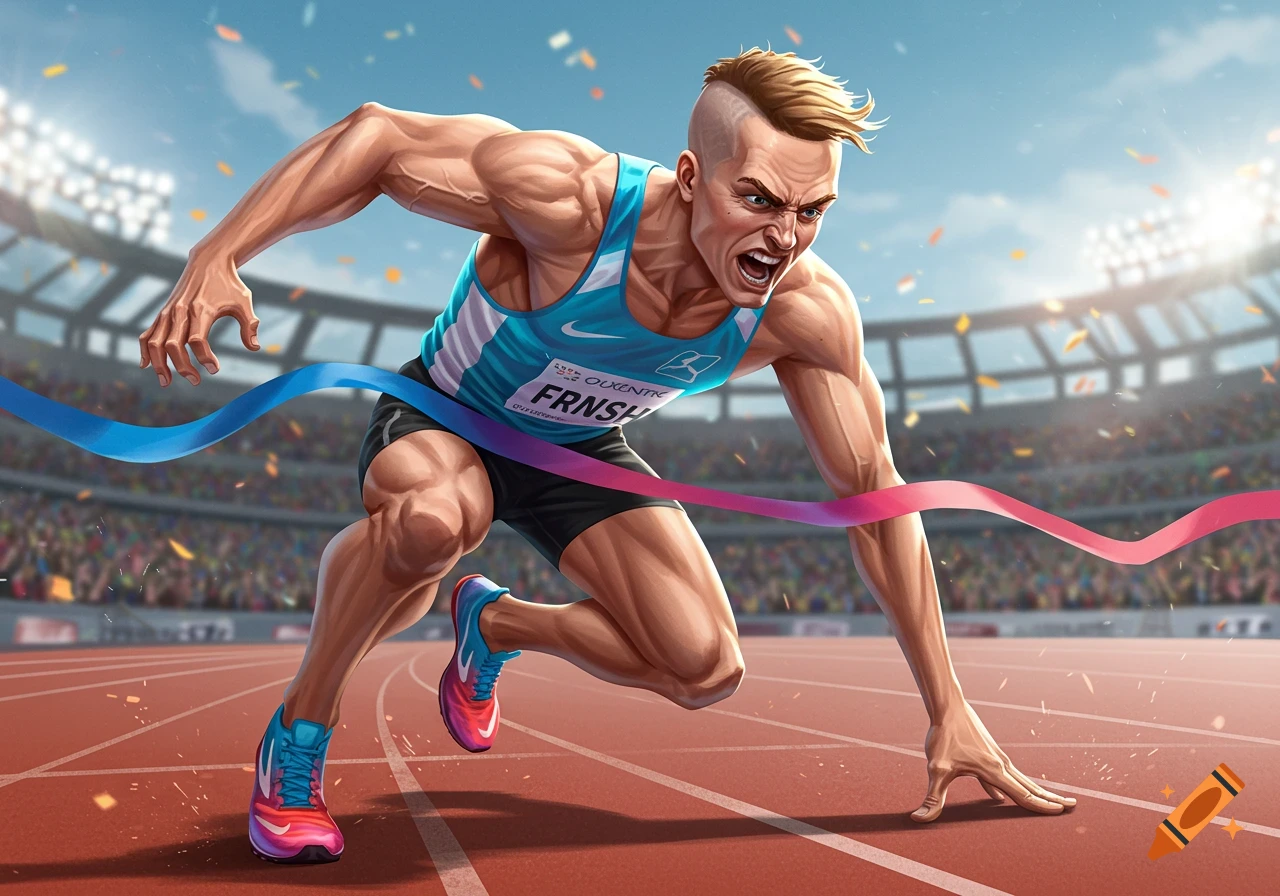Muscular runner leaning forward to break the finish line tape in a stadium.