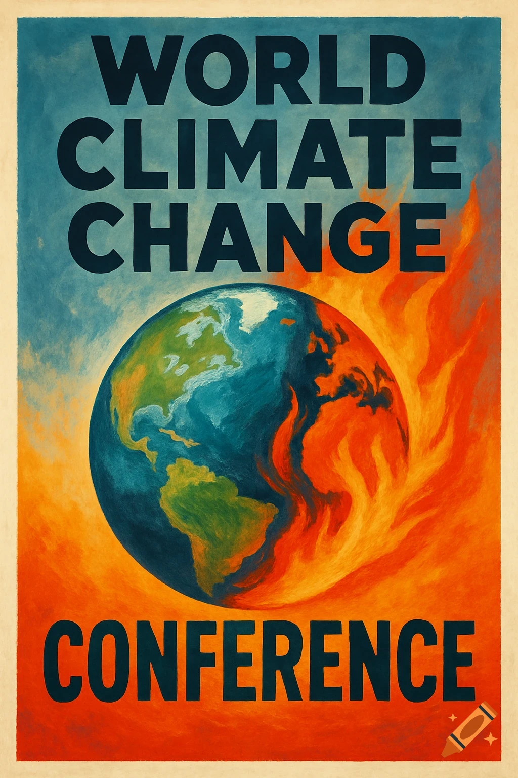 A climate change poster showing the Earth in flames with text 'WORLD CLIMATE CHANGE CONFERENCE'.