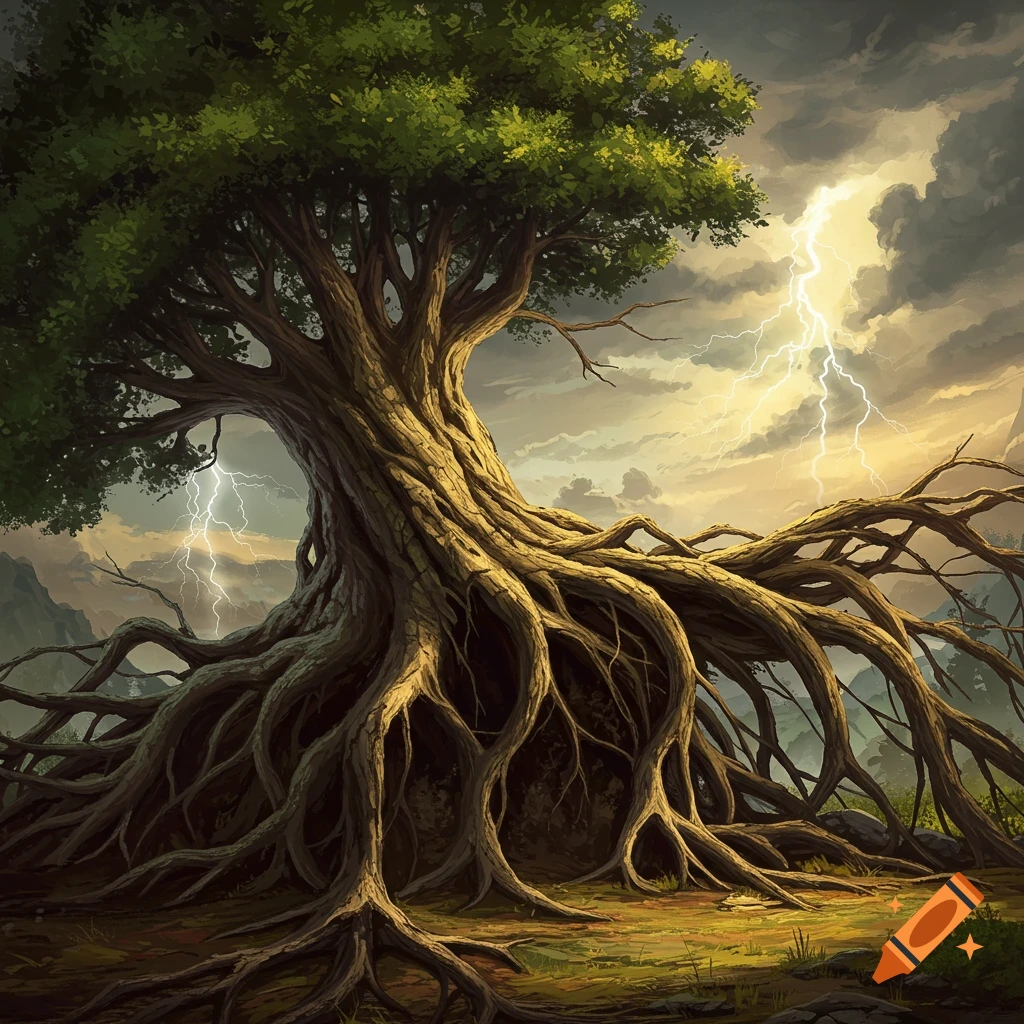 A massive tree with exposed roots stands under a stormy sky with lightning strikes.
