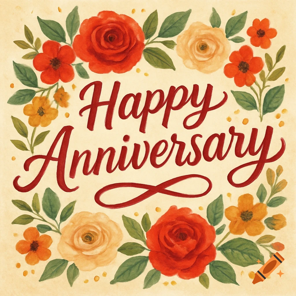 Watercolor illustration of a Happy Anniversary greeting card with red and orange flowers surrounding the text.