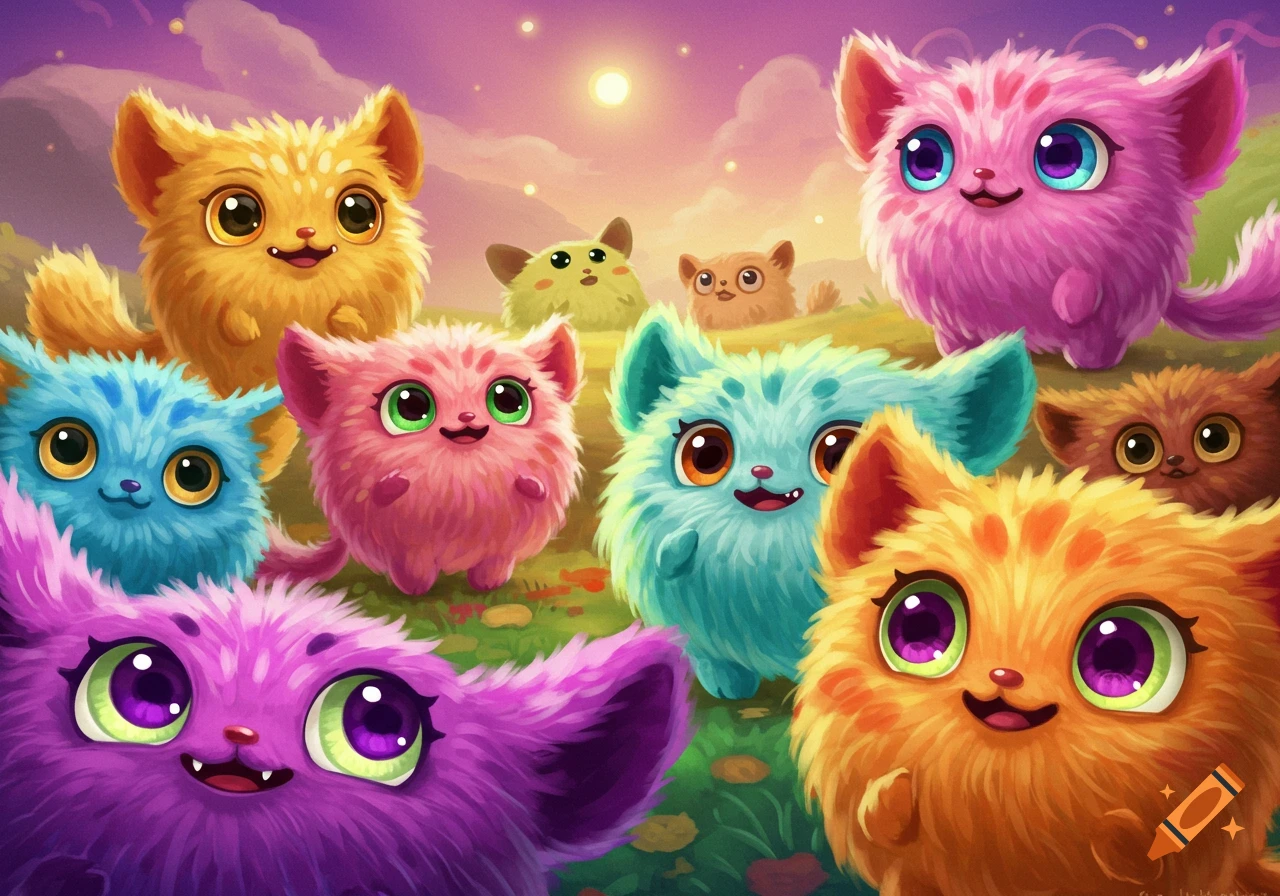 Colorful fluffy big-eyed fantasy creatures in a field at sunset