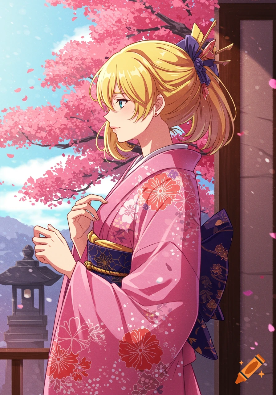Anime girl in pink kimono under cherry blossom tree.