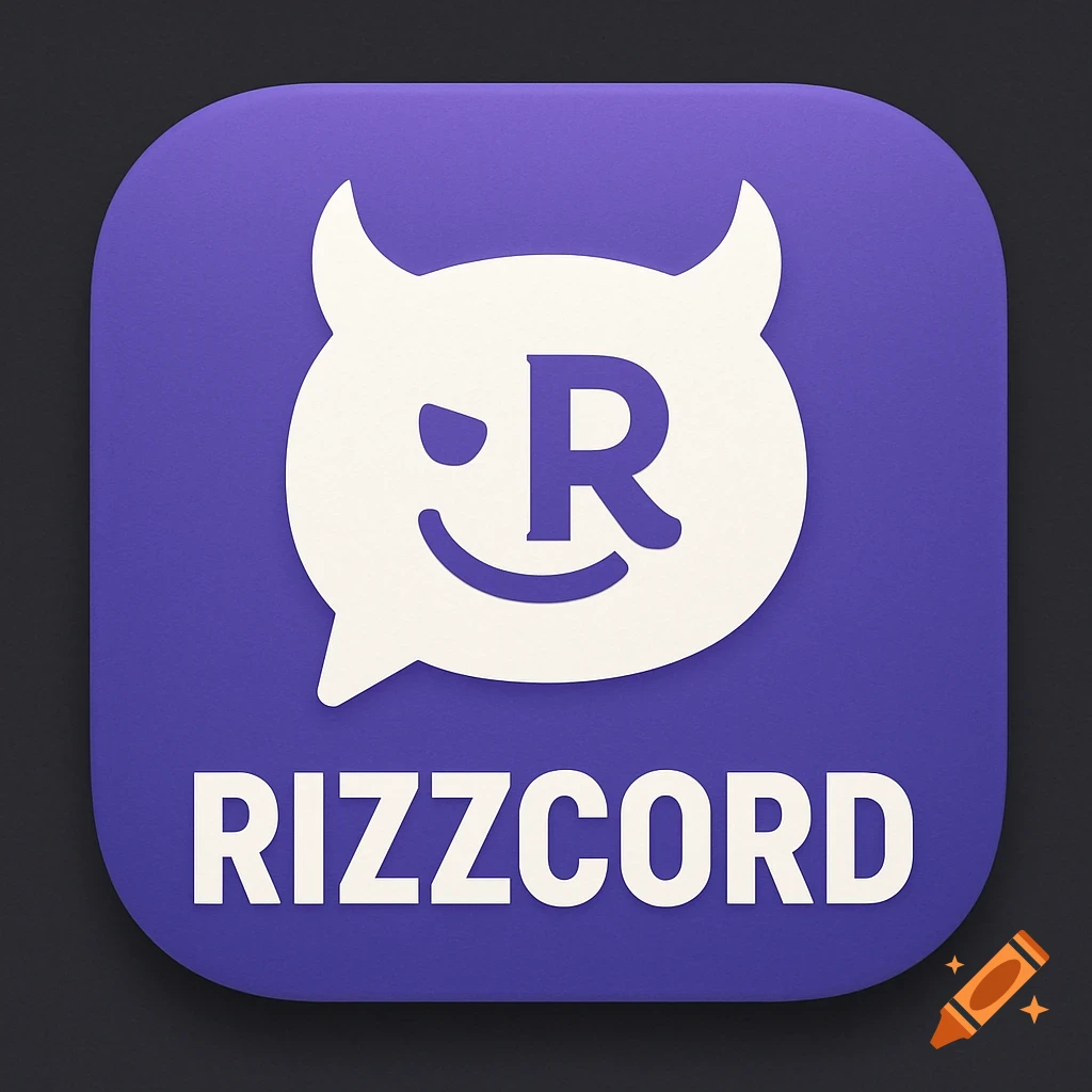 Rounded square app icon with a purple background and a white speech bubble logo of a winking devil face and the letter R, above the text RIZZCORD.