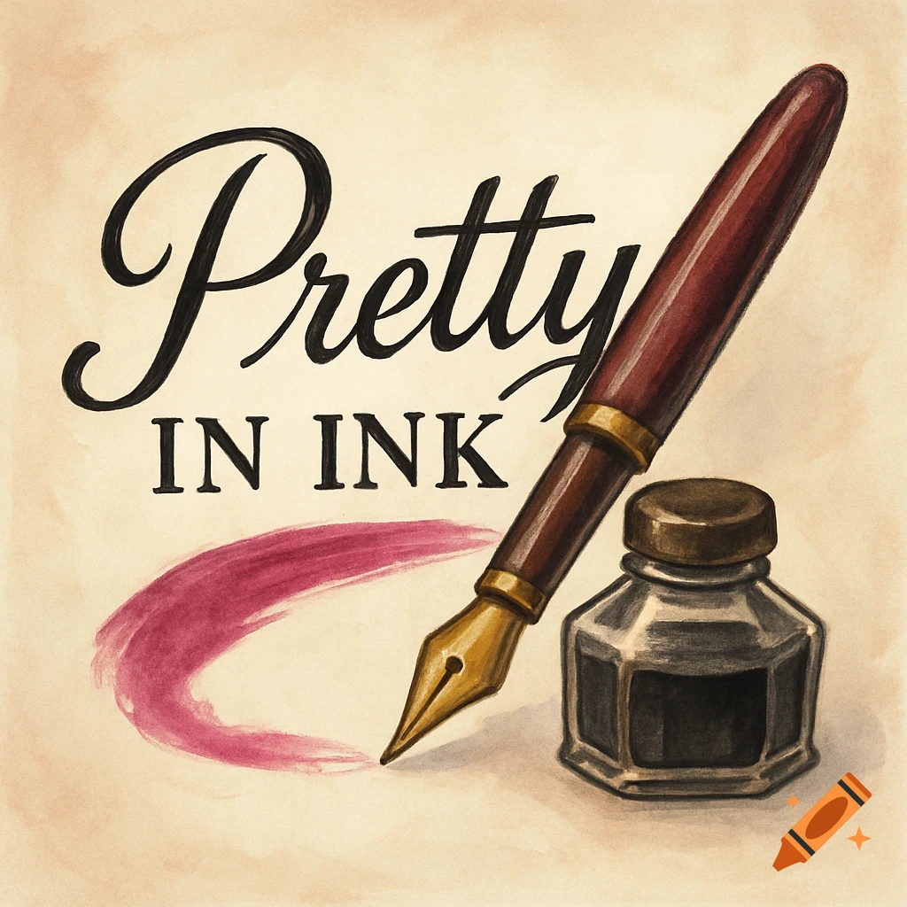 Vintage illustration logo with a fountain pen, ink bottle, swipe of ink ...