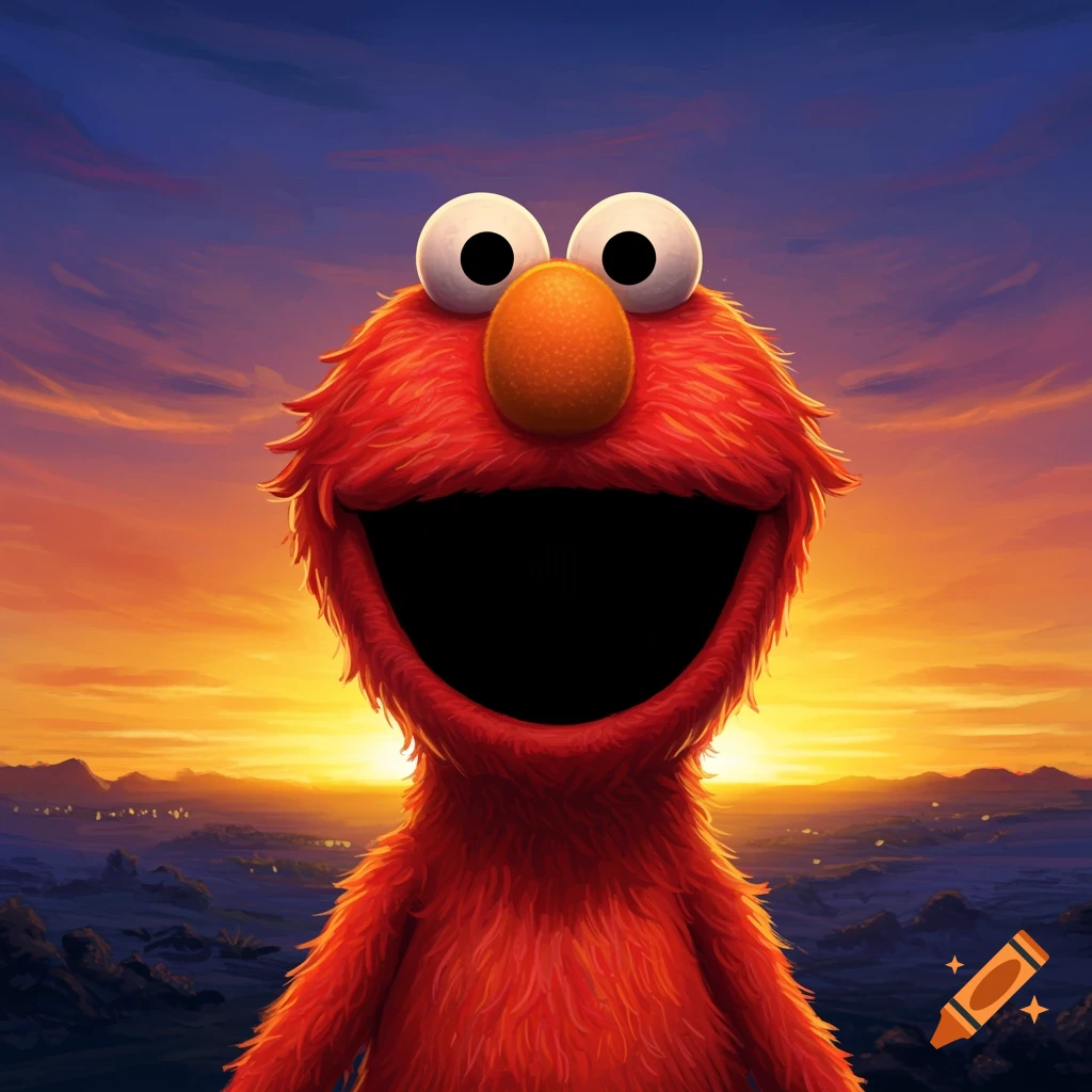 Elmo smiling widely against a sunrise sky and landscape.