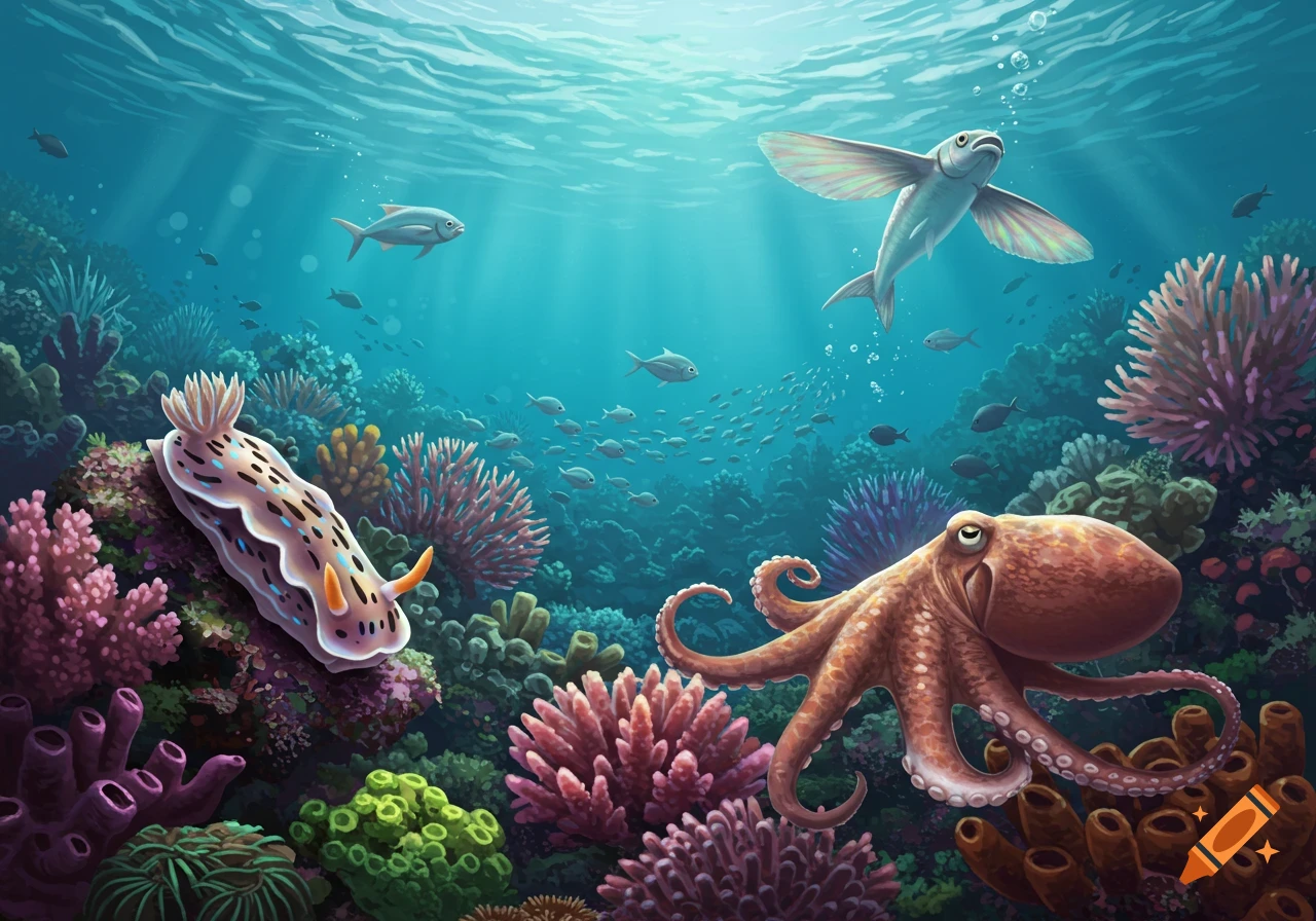 An underwater illustration of a coral reef with a nudibranch, octopus, and flying fish.