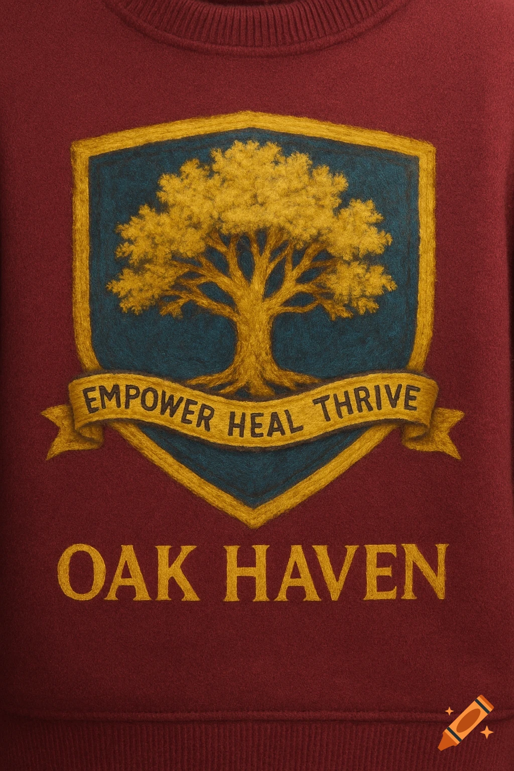 School crest logo with golden oak tree, banner text 'Empower Heal Thrive', and 'Oak Haven' on maroon sweater.