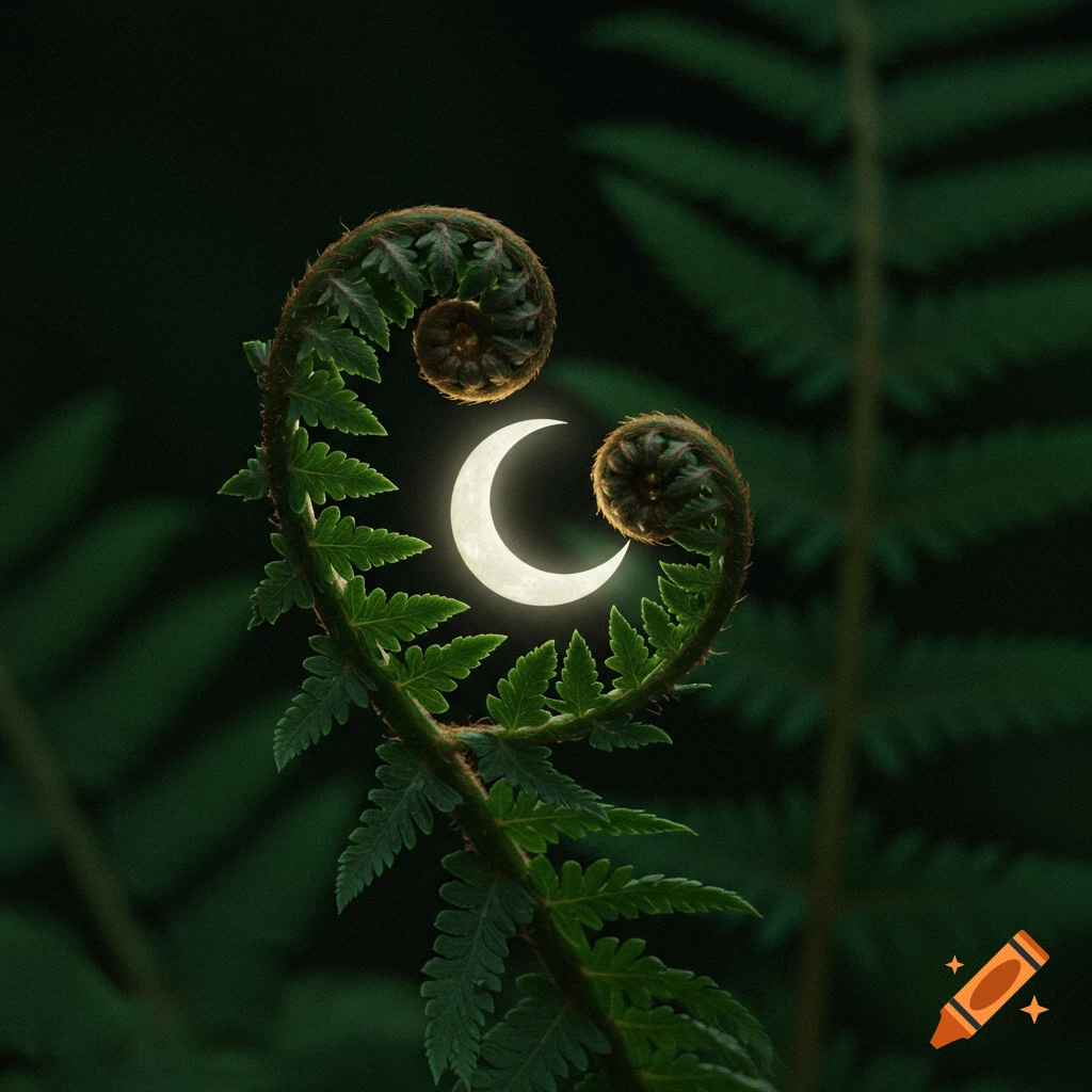 A glowing crescent moon is nestled between two curled fern fronds against a dark background.