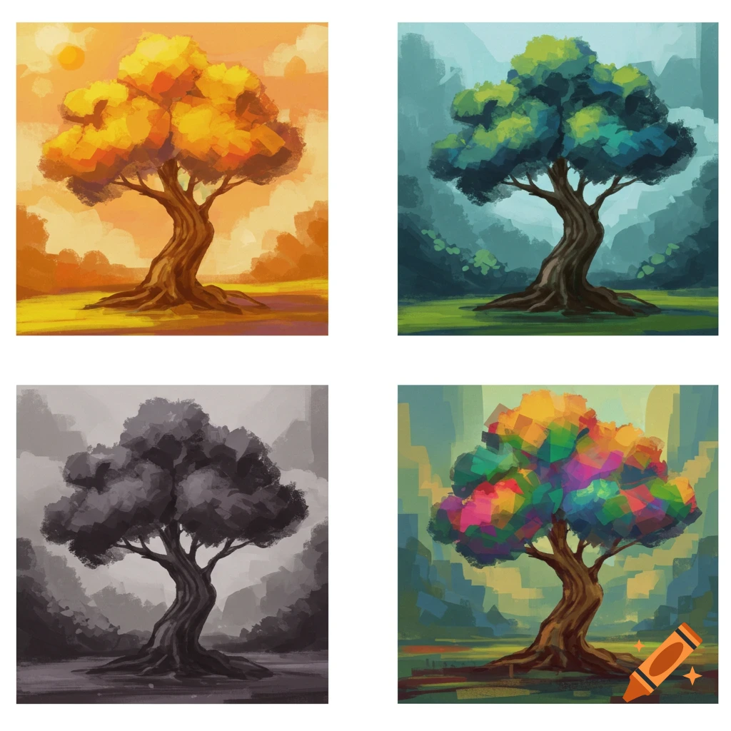 Four panels showing stylized trees in different colors and artistic styles.
