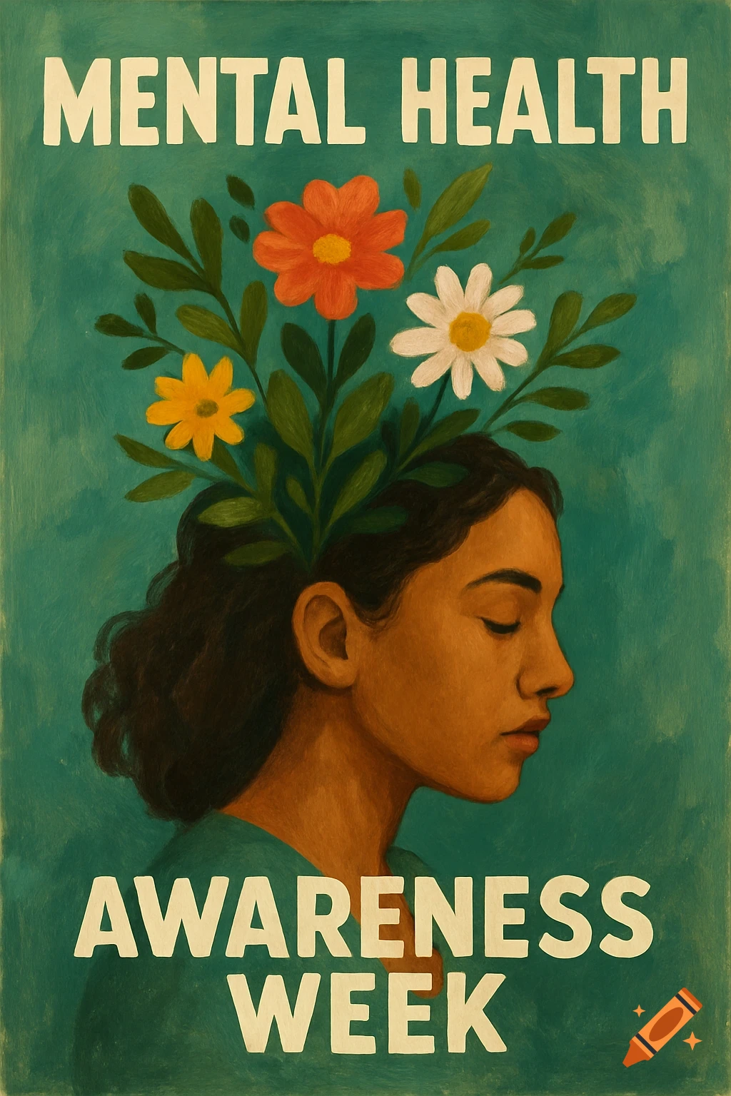 Poster with 'MENTAL HEALTH AWARENESS WEEK'. A person with closed eyes has flowers growing from their head in a painting style.