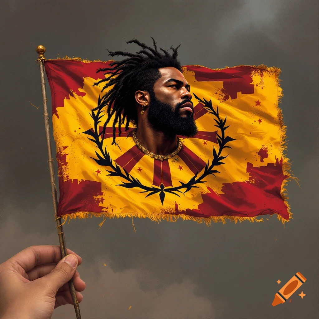 Hand holding a distressed gold and red flag with a portrait of a man, a wreath, and stars.