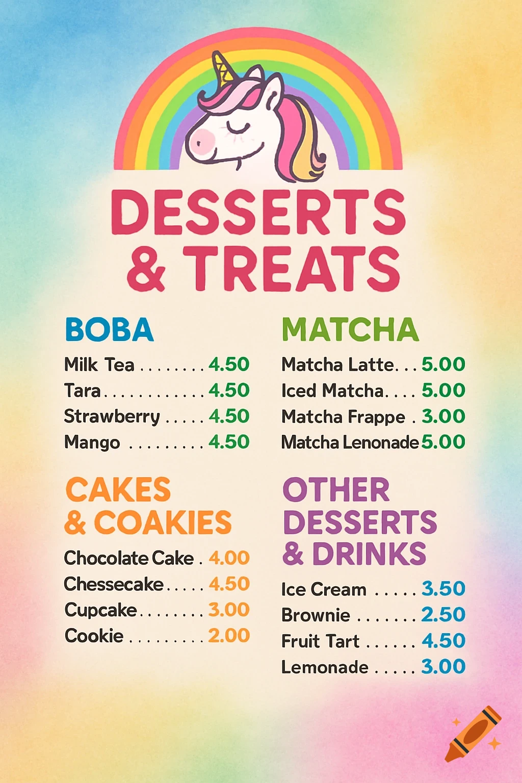 Colorful menu with a unicorn and rainbow, listing desserts and drinks like boba, matcha, cakes, and cookies.