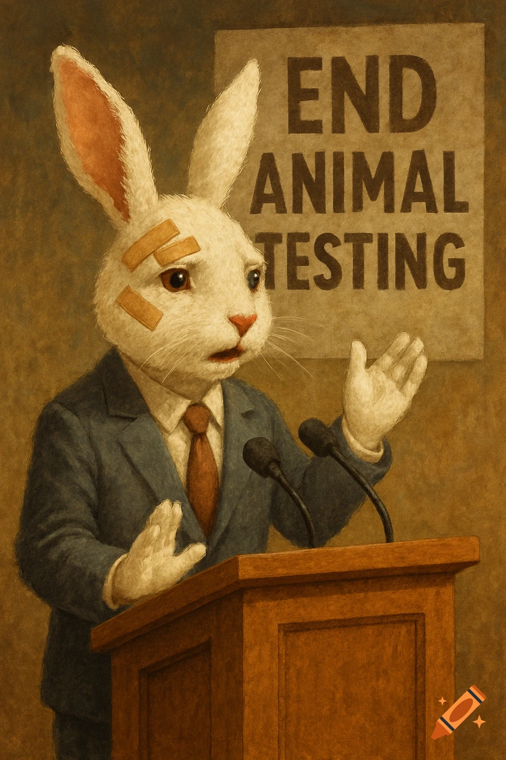 Illustrated rabbit with bandages speaking at a podium in front of a sign saying 'END ANIMAL TESTING'.