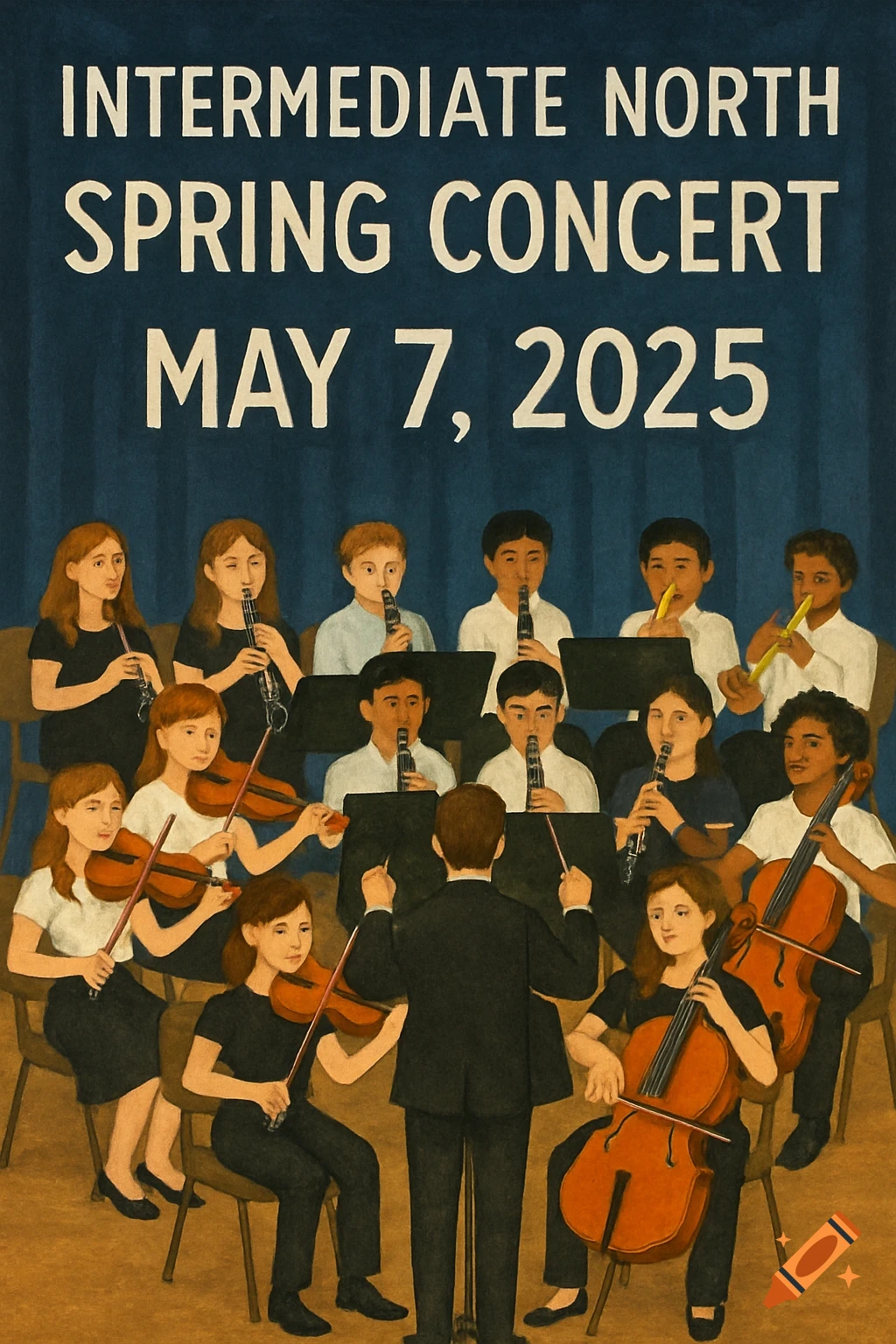 Children's orchestra performing with a conductor in an illustration style.