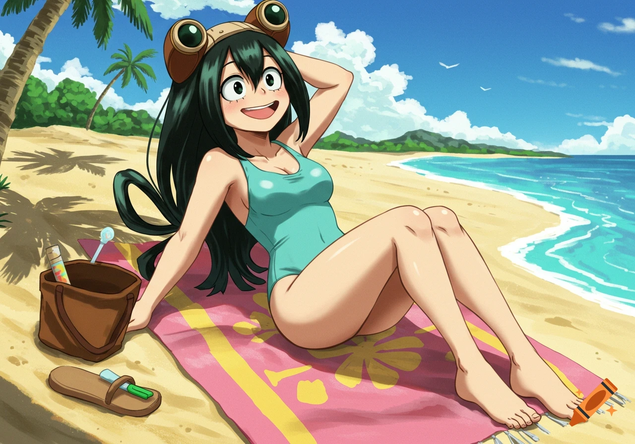 Anime character in a swimsuit lying on a beach towel at the beach