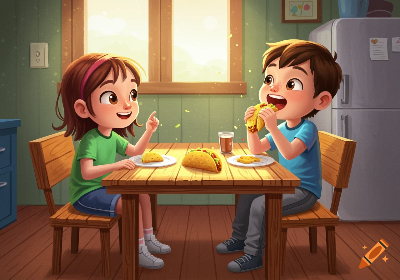 An illustration of two children eating tacos at a wooden table in a bright kitchen.