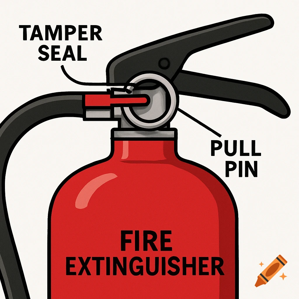 Illustration diagram of the top of a red fire extinguisher showing the tamper seal and pull pin.