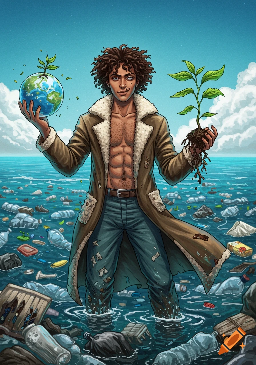 Illustrated man stands in polluted ocean holding growing plants.