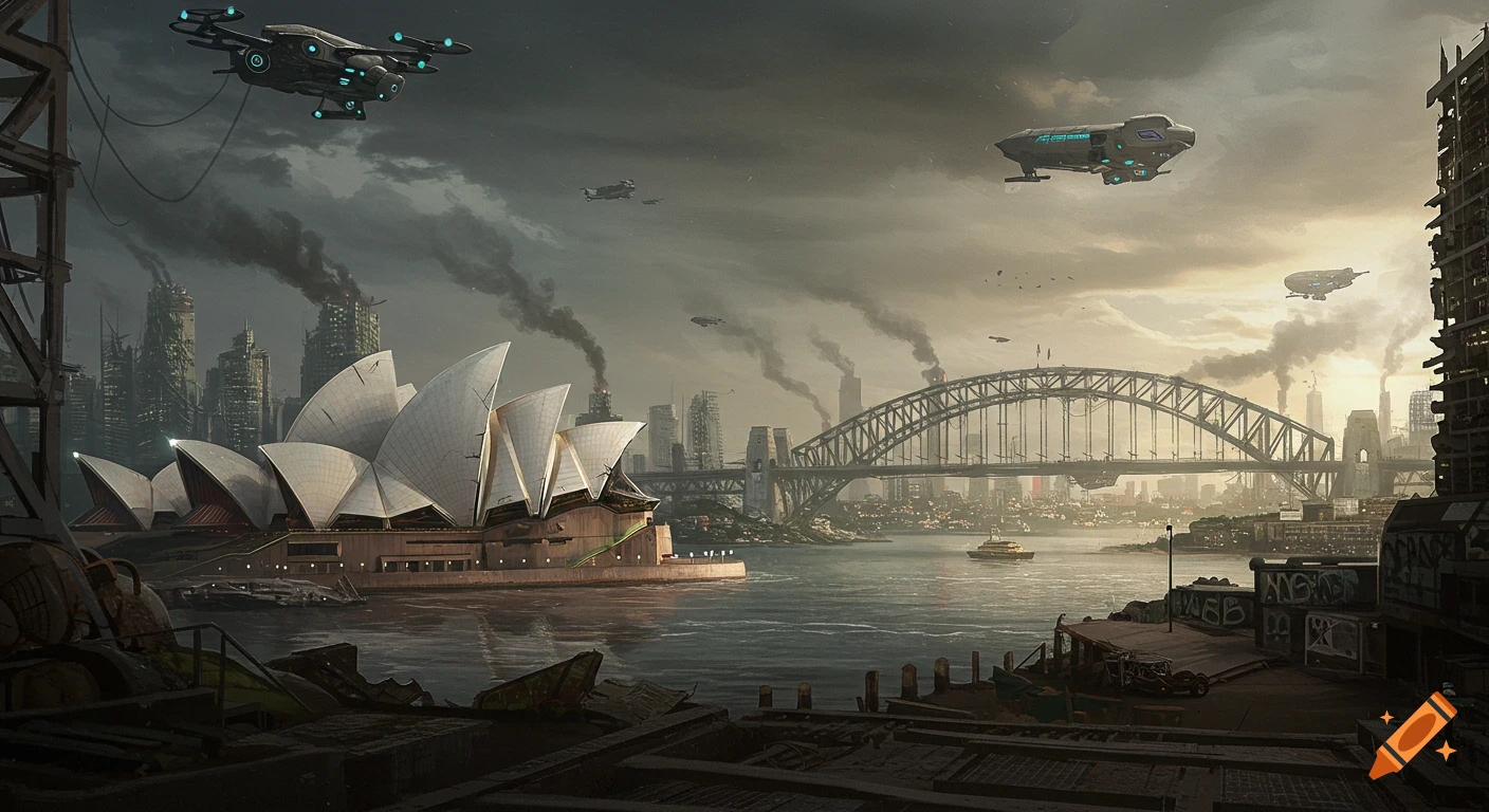 Dystopian view of Sydney Harbour with the Opera House and Harbour Bridge, dark skies, smoke, and flying vehicles.