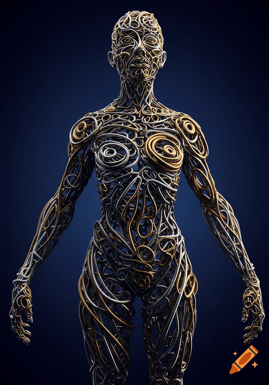 Abstract sculpture of a human figure made of swirling wires against a dark blue background.