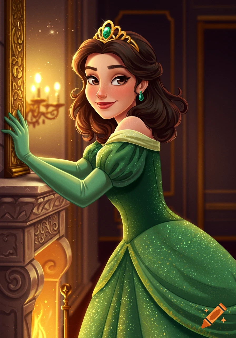 A cartoon princess in a green dress and tiara stands by a fireplace, looking at the viewer in a classic animation style. on Craiyon A cartoon princess in a green dress and tiara stands by a fireplace, looking at the viewer in a classic animation style. on Craiyon