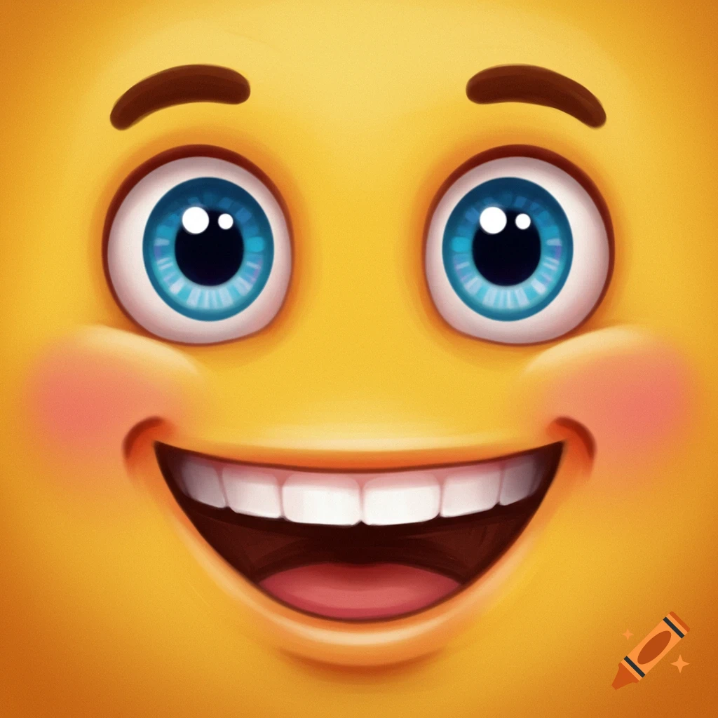 A close-up of a cartoon-style smiley face emoji with large blue eyes and a wide grin.