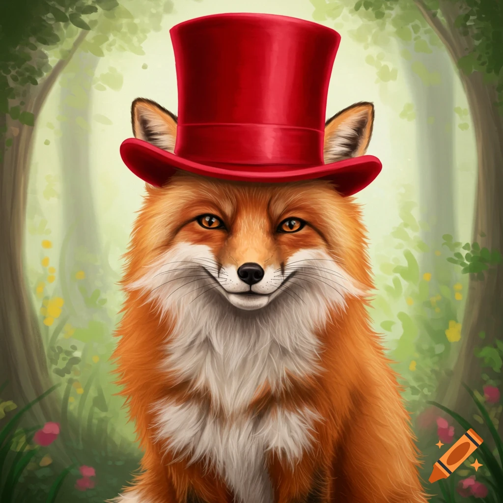 An illustration of a fox wearing a red top hat in a forest clearing.