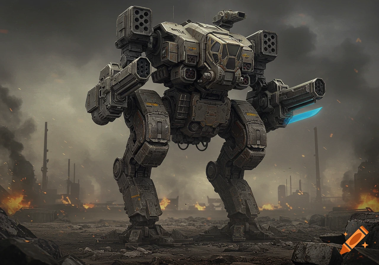 A massive photorealistic combat mech stands in a war-torn industrial battlefield.