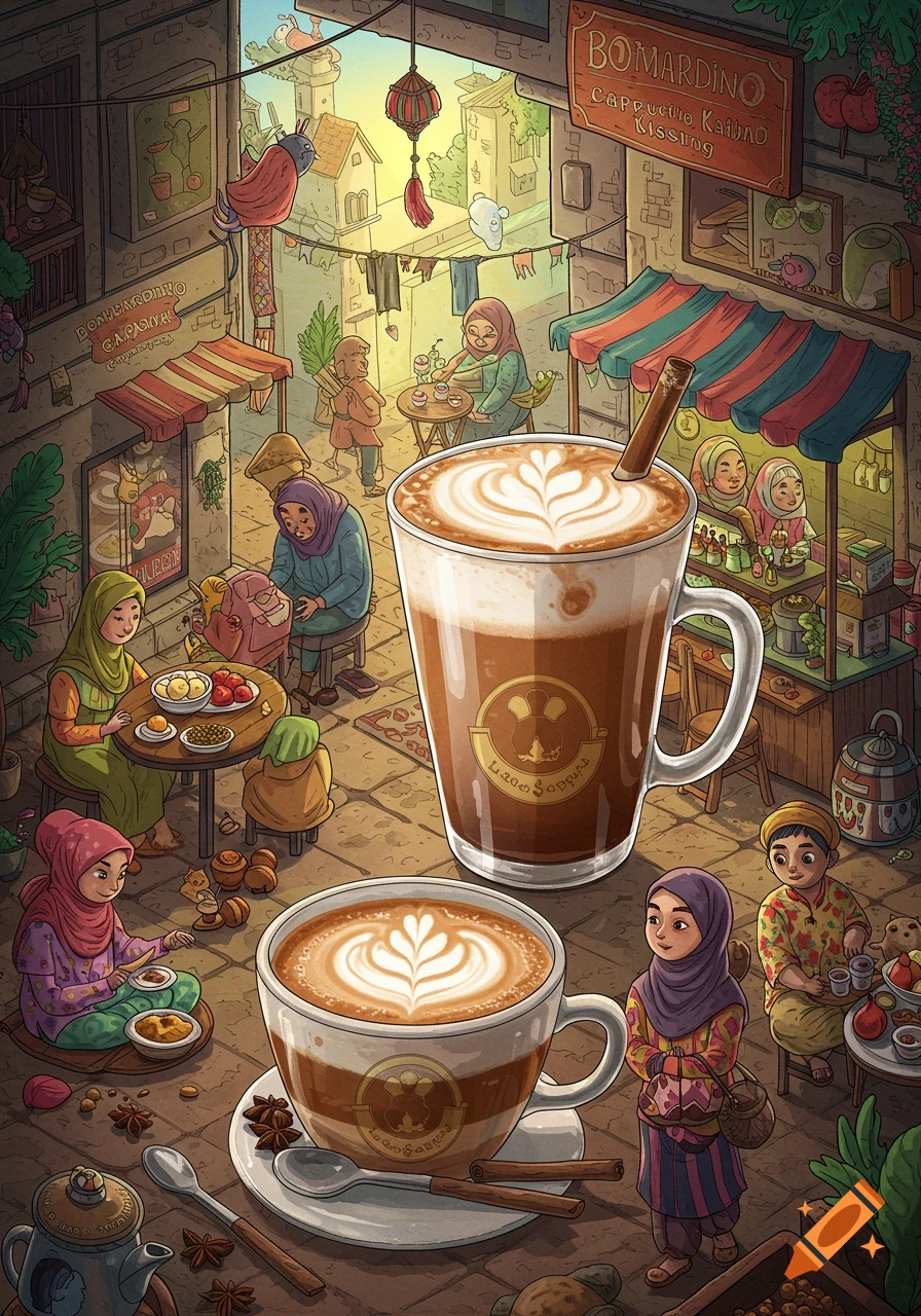An illustration of a bustling street cafe with people drinking coffee.