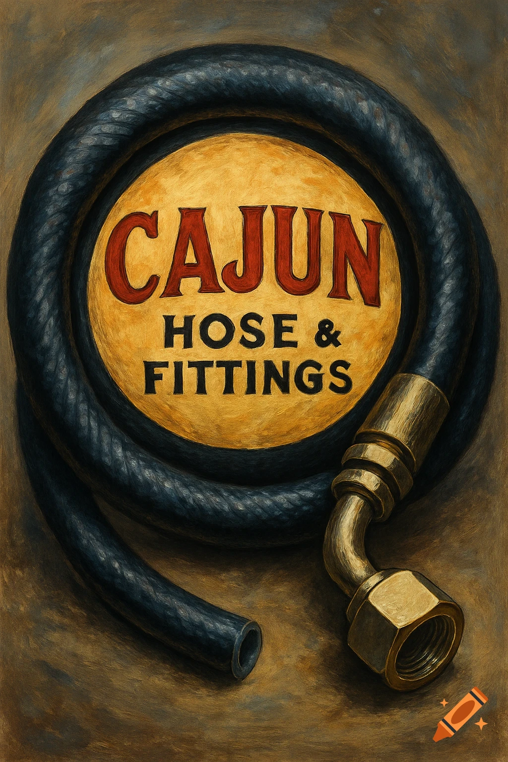 A coiled hydraulic hose with a brass fitting and a logo for Cajun Hose & Fittings.