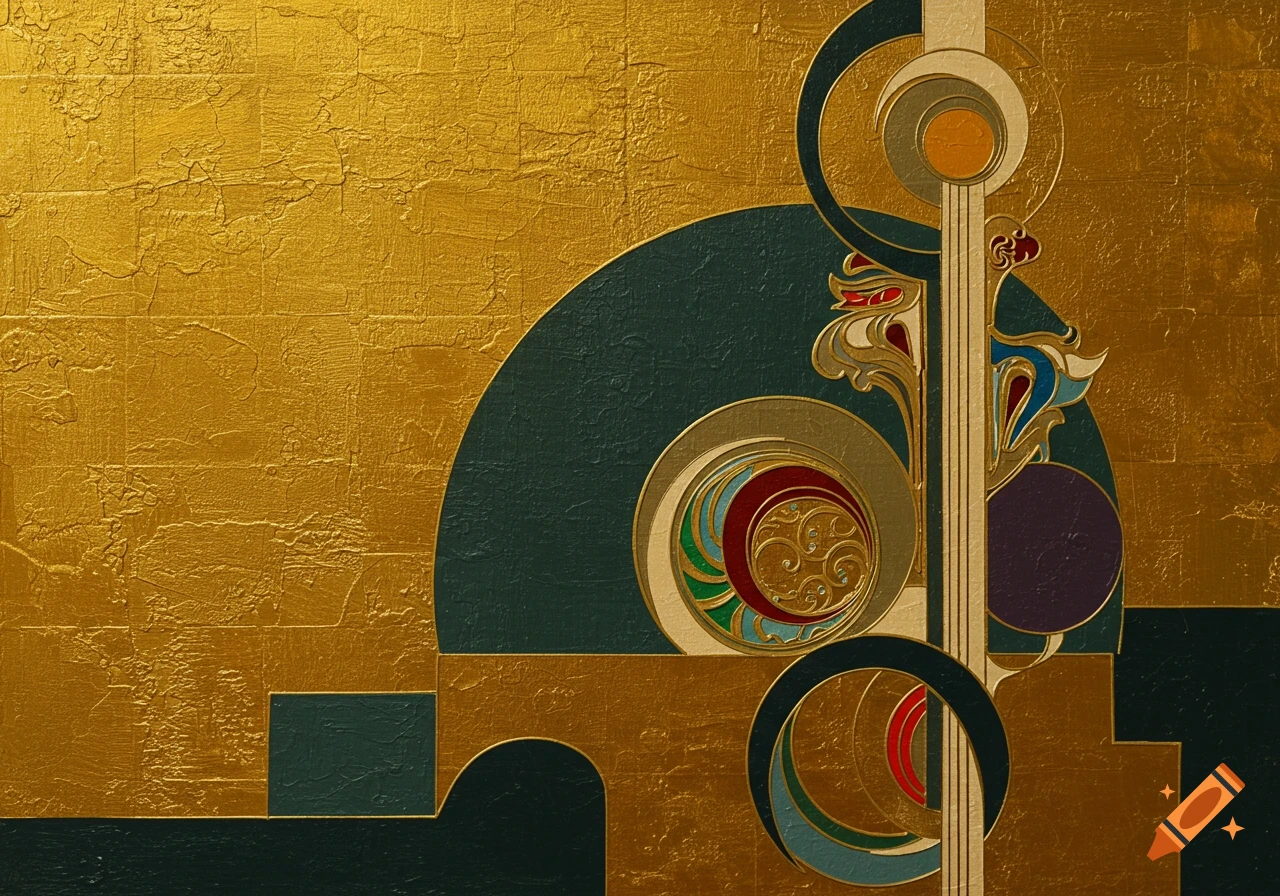 Abstract geometric design with gold texture and colorful Art Deco style elements.