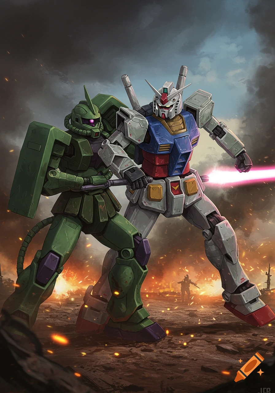 RX-78-2 Gundam and Zaku fighting in a fiery battle, illustration style.