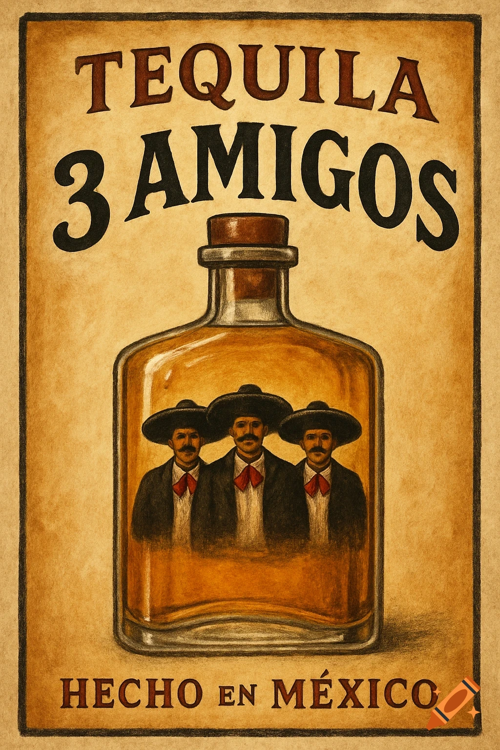 Vintage poster for 'TEQUILA 3 AMIGOS' with three men inside a bottle, drawing style.