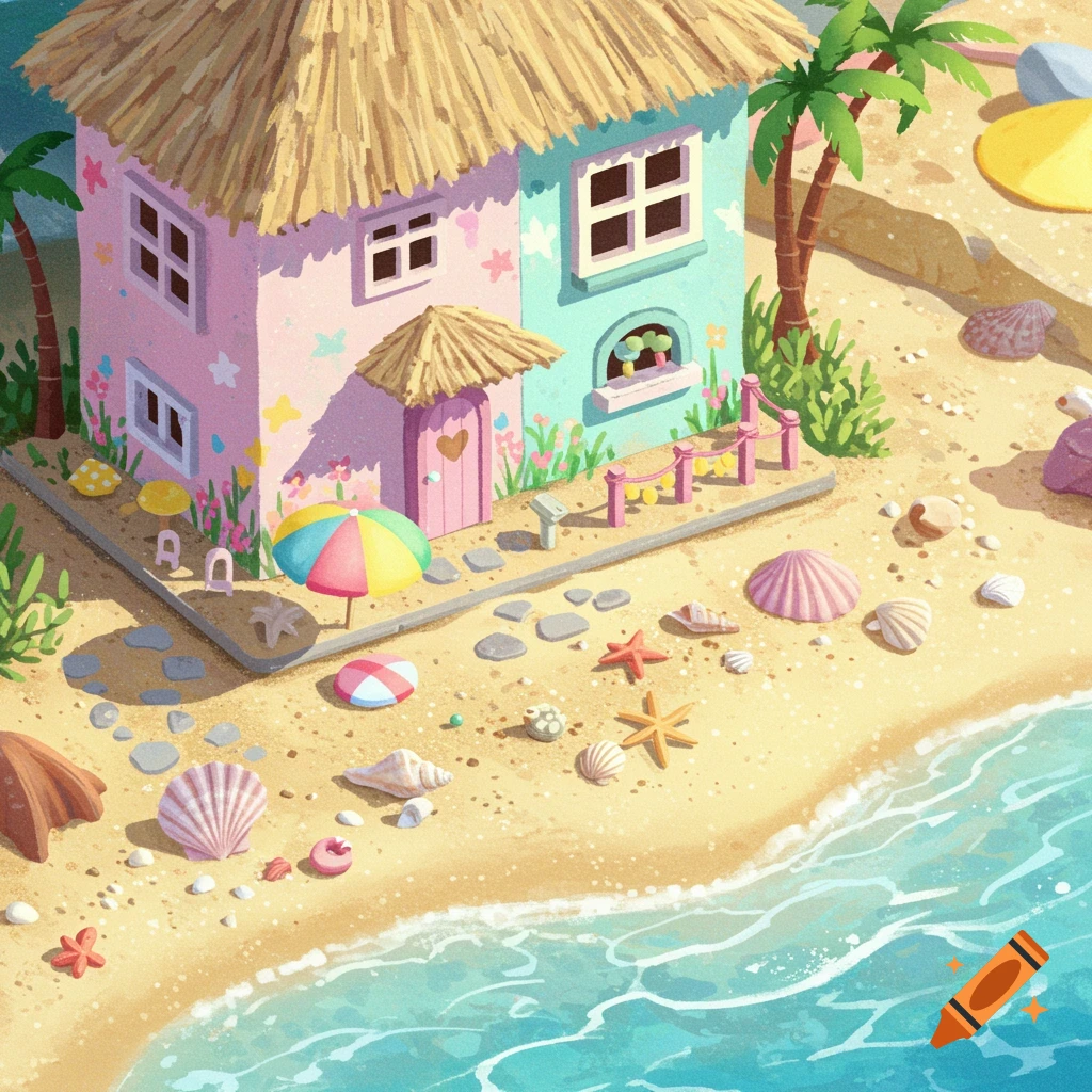 Pastel illustration of a dollhouse on a sandy beach with seashells and water.