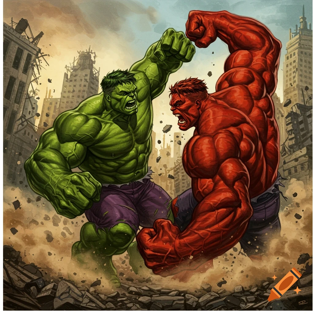 Green Hulk fights Red Hulk in a destroyed city, comic book style on Craiyon