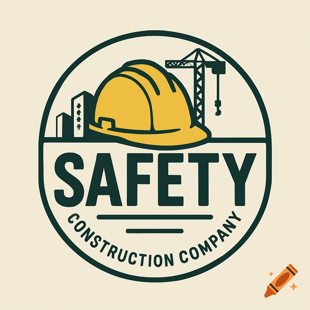 Logo for a construction company featuring a yellow hard hat, buildings, crane, and text SAFETY CONSTRUCTION COMPANY.