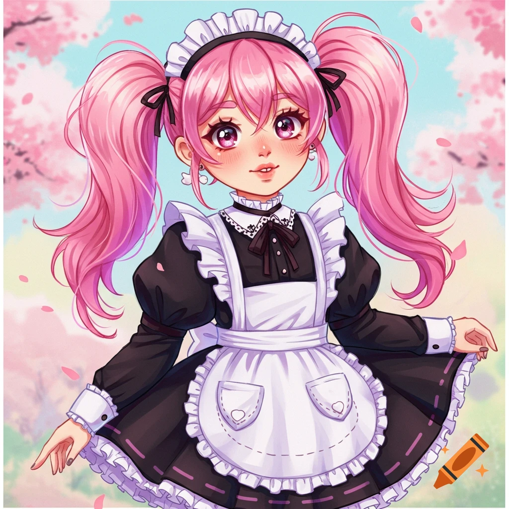 Anime girl with pink pigtails in maid dress under cherry blossoms