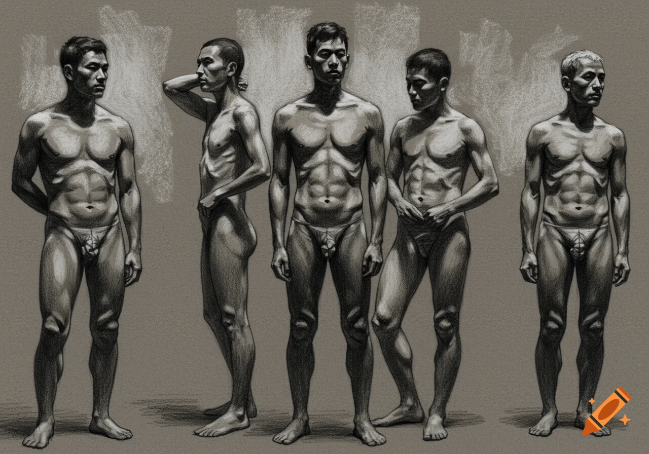 Charcoal drawing of five male figures posing.