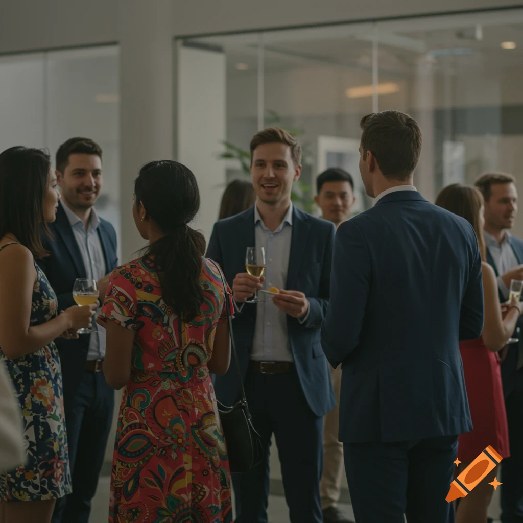People talking and holding drinks at a networking event.