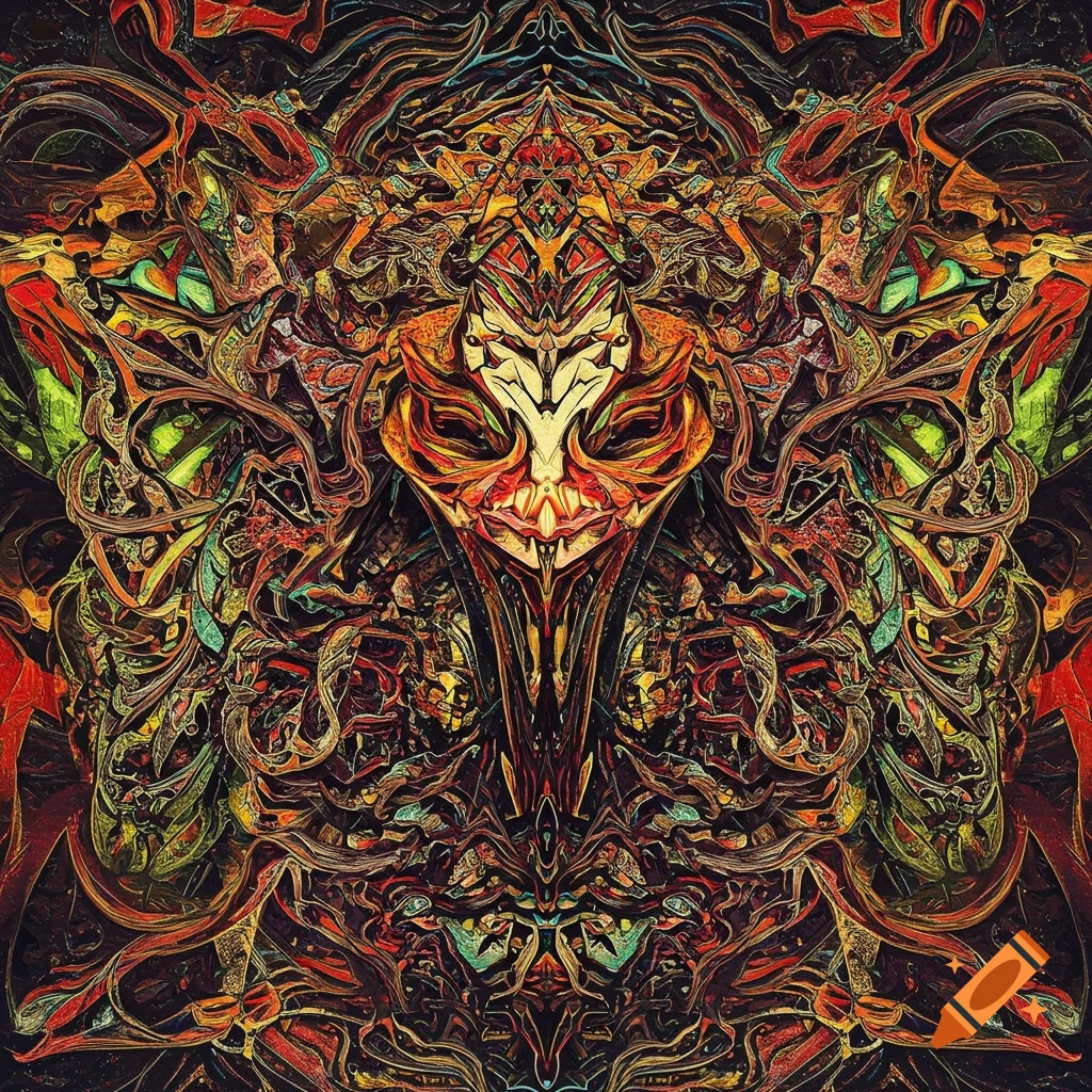 Complex symmetrical abstract art in earthy tones resembling a tribal mask with swirling organic patterns.