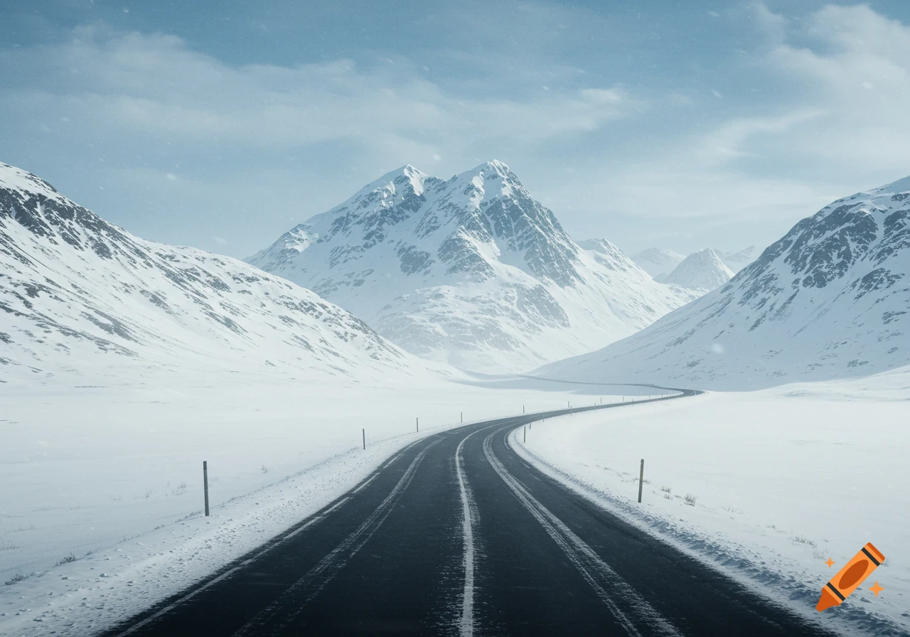 A winding road passes through a valley surrounded by snow-covered mountains under a cloudy sky.