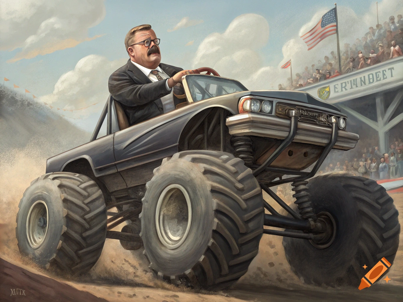 Illustration of a man resembling Theodore Roosevelt driving a monster truck at a race track.