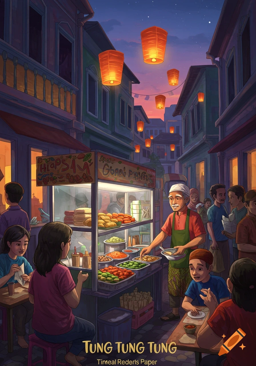 Illustrated evening street scene with people at a food stall under hanging lanterns.